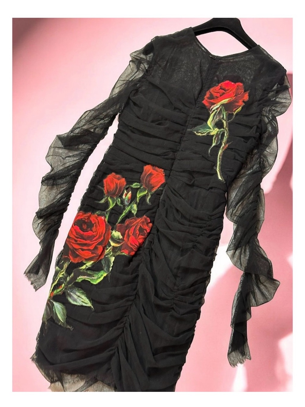 Dolce & Gabbana Black Sheer Ruched Dress with Red Rose Embroidery - Picture 3 of 6